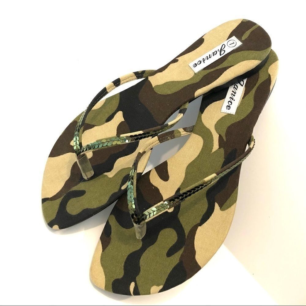Camouflage camo green olive sequin sandals thongs NEW NIB NWT flip flops 6.5 - Picture 3 of 12